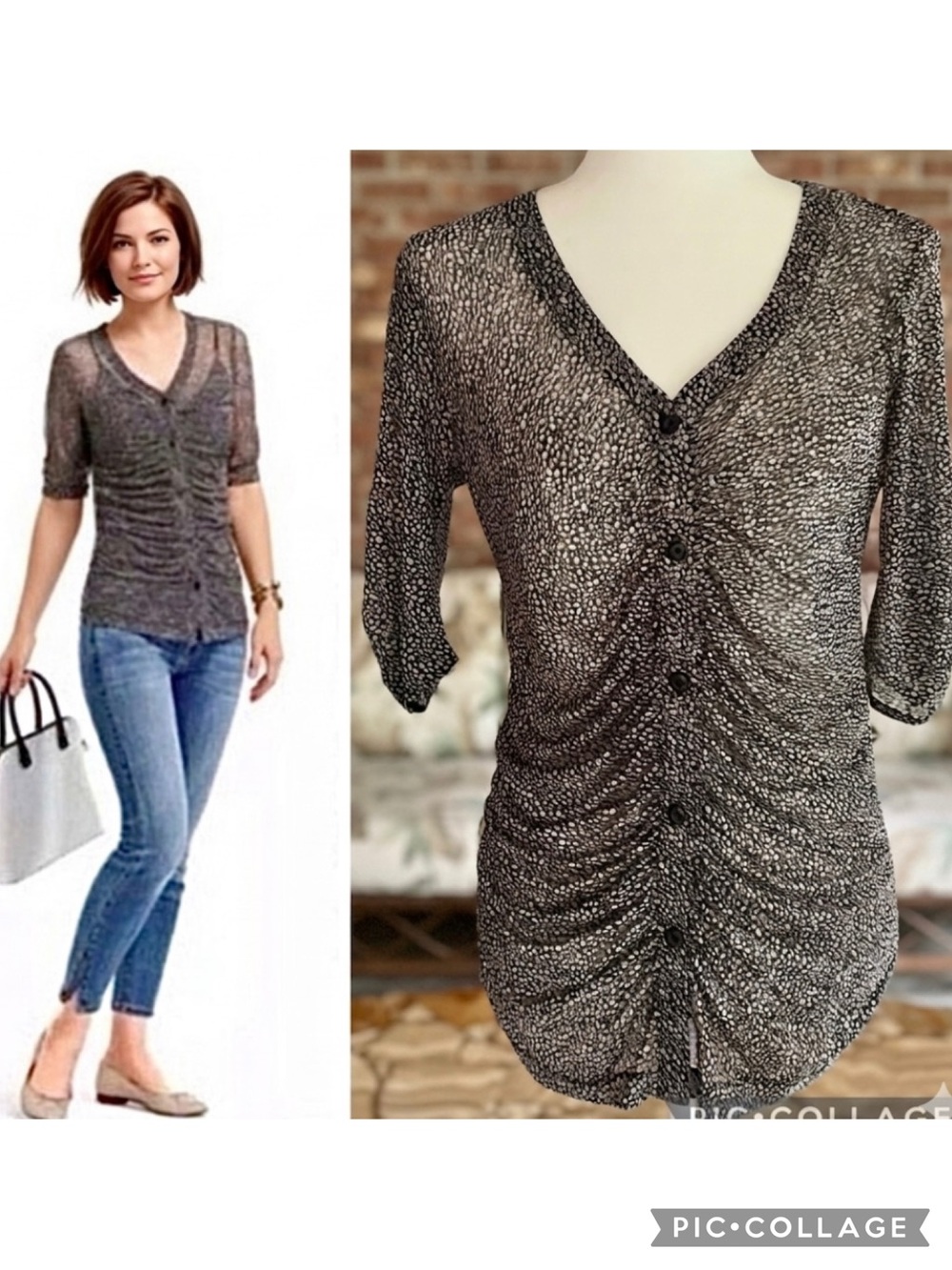 CAbi Animal Print Black Beige Ruched Sheer Top M Quiet Luxury